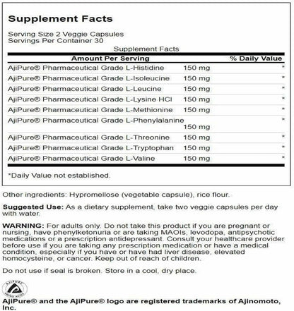 Swanson AjiPure 9 Essential Amino Acid Formula - Pharmaceutical Grade - 60 Veg Capsules