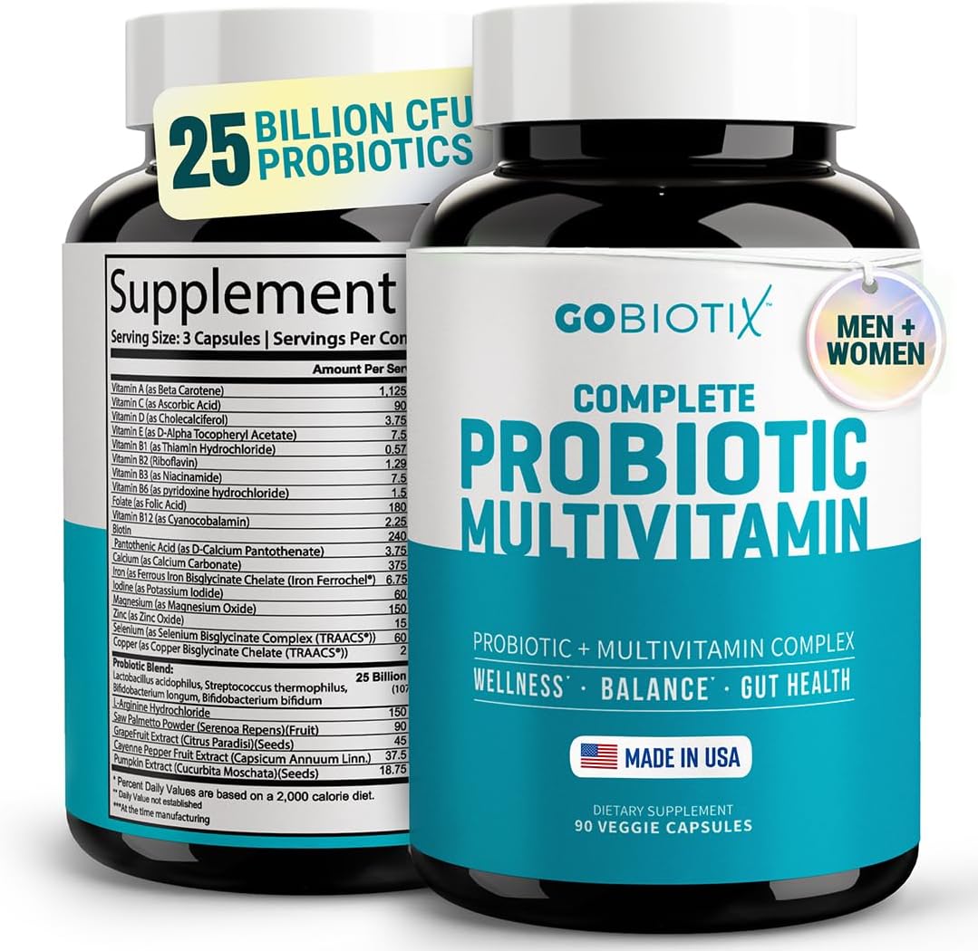 GOBIOTIX Multivitamin with Probiotics and Digestive Enzymes - 25 Billion CFU - Digestive Health for Women and Men - Gluten-free - 90 Capsules - görsel 1
