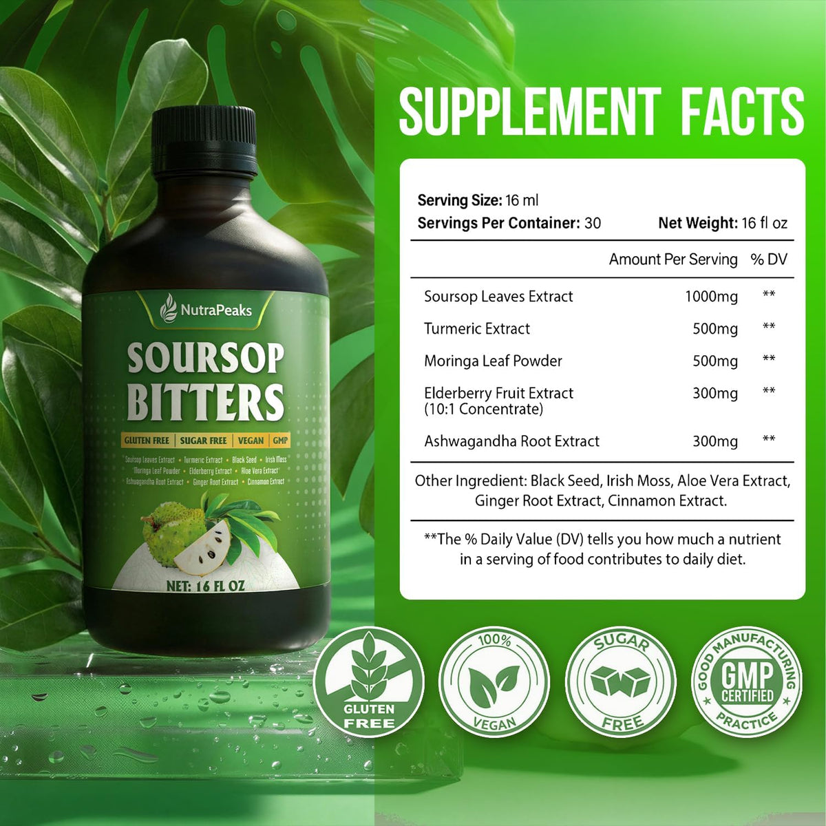 NutraPeaks Soursop Bitters Liquid – Herbal Detox Formula with Soursop, Turmeric, Moringa and Black Seed – Immune and Digestive Support, 473 ml (16 fl oz) - görsel 2