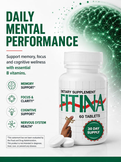 Fitina Brain Supplement with Vitamin B6 & Thiamine for Memory, Focus and Cognitive Support
