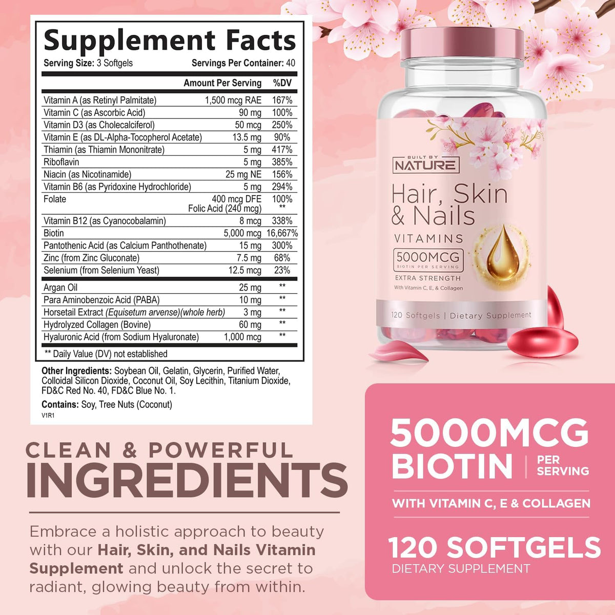 Built by Nature Hair, Skin and Nails Vitamins, 120 Softgels - görsel 2