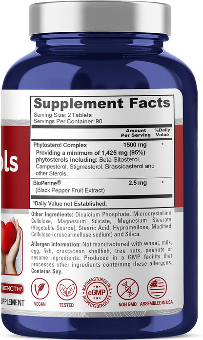 NusaPure Plant Sterols 1500 mg with Beta Sitosterol and Bioperine - 180 Veg Tablets, Non-GMO, Vegan