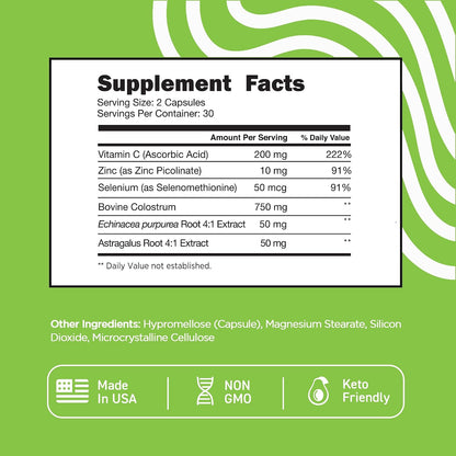 Vital Vitamins Colostrum Supplement - Vitamin C, Zinc & Selenium - Grass-Fed - 60 Capsules