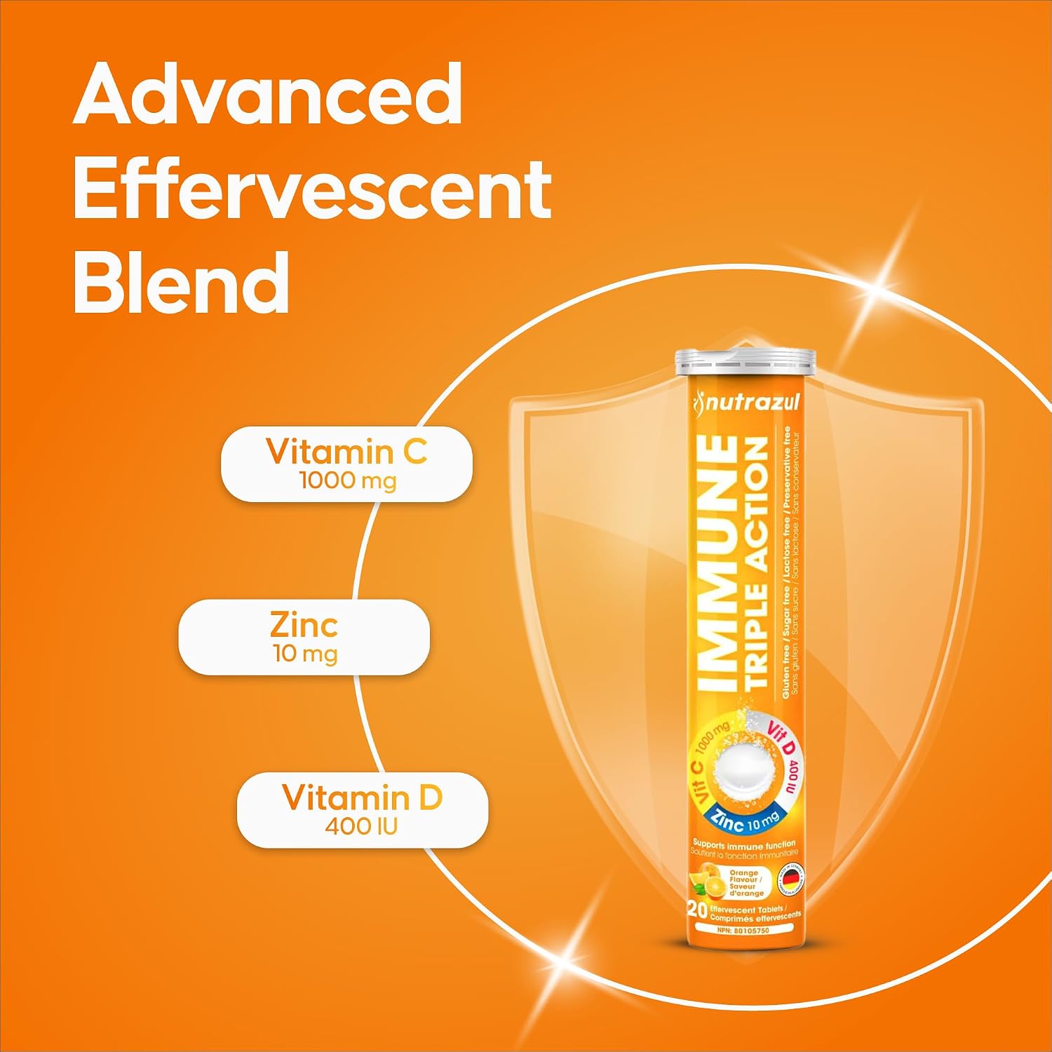 Nutrazul Immune Triple Action Effervescent Tablets, Vitamin C 1000mg with Vitamin D and Zinc, Orange Flavour, 60 Tablets (3 Packs of 20) - görsel 3