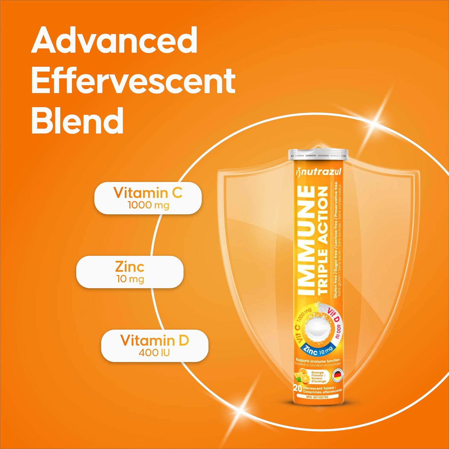 nutrazul Immune Triple Action Effervescent Tablets with Vitamin C 1000mg, Vitamin D, and Zinc, Orange Flavour, 20 Tablets - görsel 3