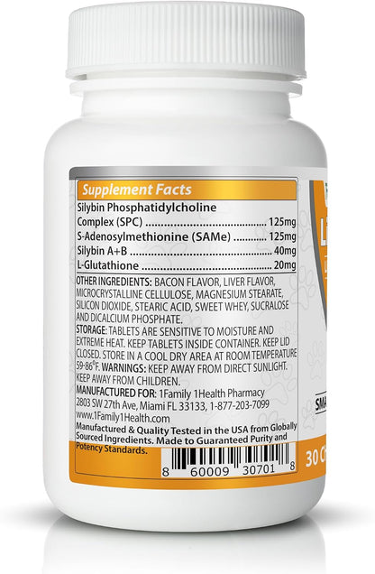 Comprehensive Liver Support Supplement for Smaller Dogs. Flavourful Chewable Tablets Combining SAMe, SPC, Silybin A+B, + Glutathione 30Ct (Small - Medium)
