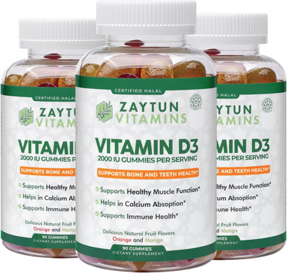 Zaytun Halal Vitamin D3 2000 IU Gummies – Contributes to Normal Bone, Immune and Muscle Function, Gluten & Gelatine Free (3-Pack) – Made in USA