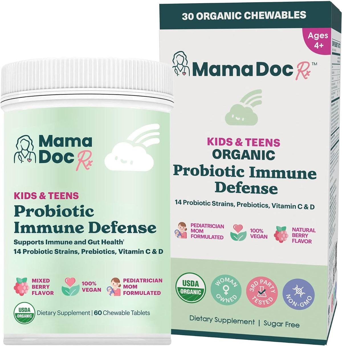 MamaDoc Rx Certified Organic Kids & Teens Probiotic Immune Defence – 5 Billion CFUs, Sugar Free, Vegan, Gluten-free, 14 Probiotic Strains with Prebiotics, Vitamin C & D, 30 Chewable Tablets for Ages 4+ - görsel 1