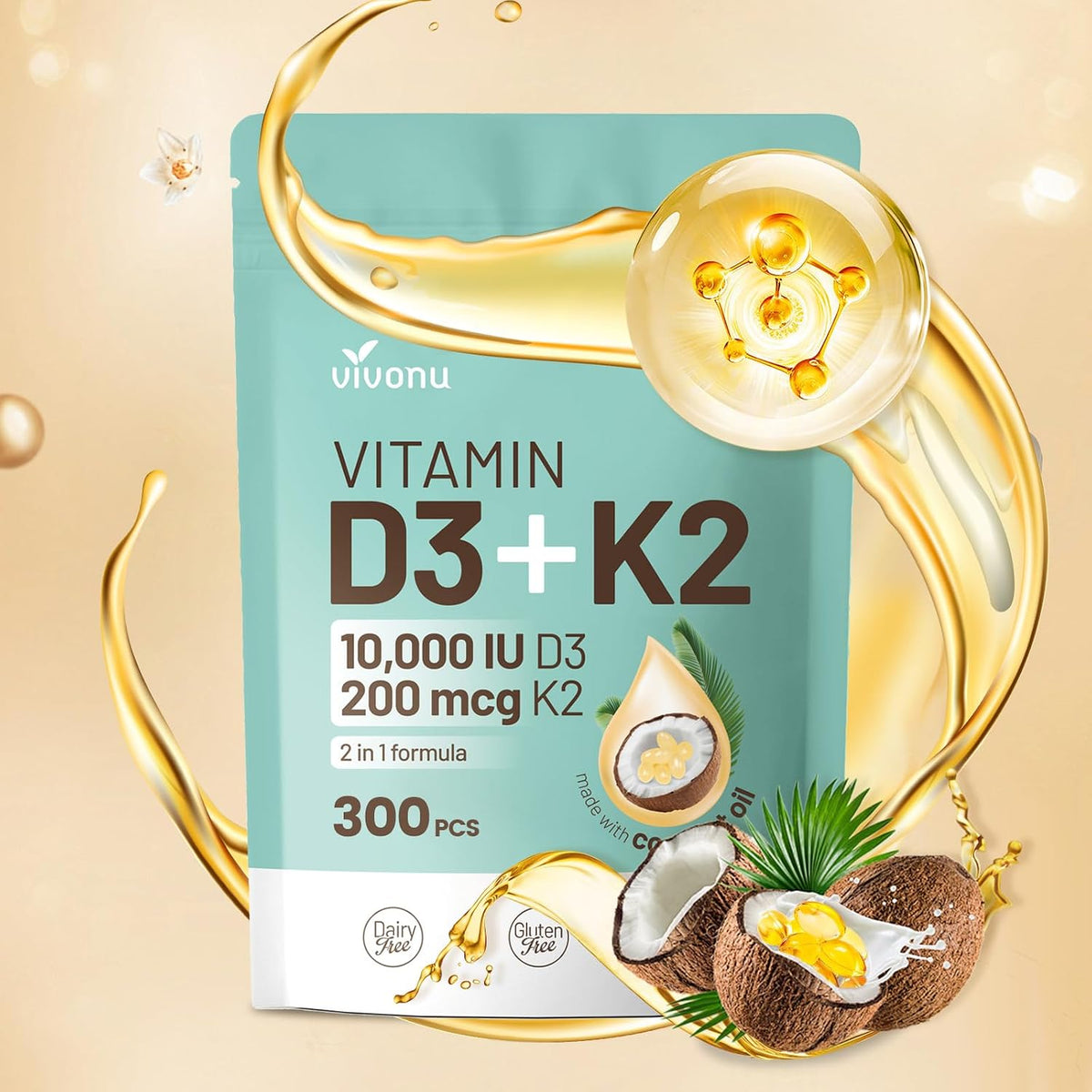 VivoNu Vitamin D3 K2 10000 IU with MK-7 - 300 Soft gel capsules - görsel 1