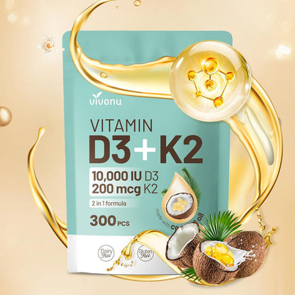 VivoNu Vitamin D3 K2 10000 IU with MK-7 - 300 Soft gel capsules