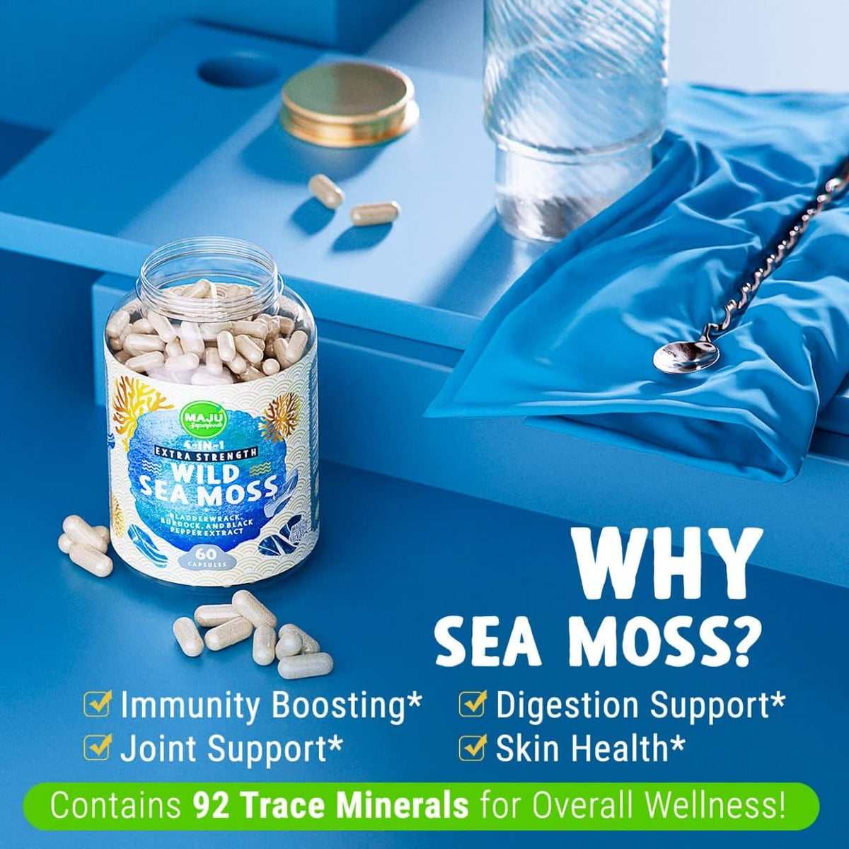 MAJU 4-in-1 Organic Sea Moss Capsules – Wild Chondrus Crispus with Bladderwrack, Burdock Root & Black Pepper - görsel 3