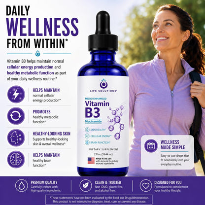 Life Solutions Vitamin B3 Niacinamide Drops - Non-Flush Liquid B3 Supplement, 60 ml