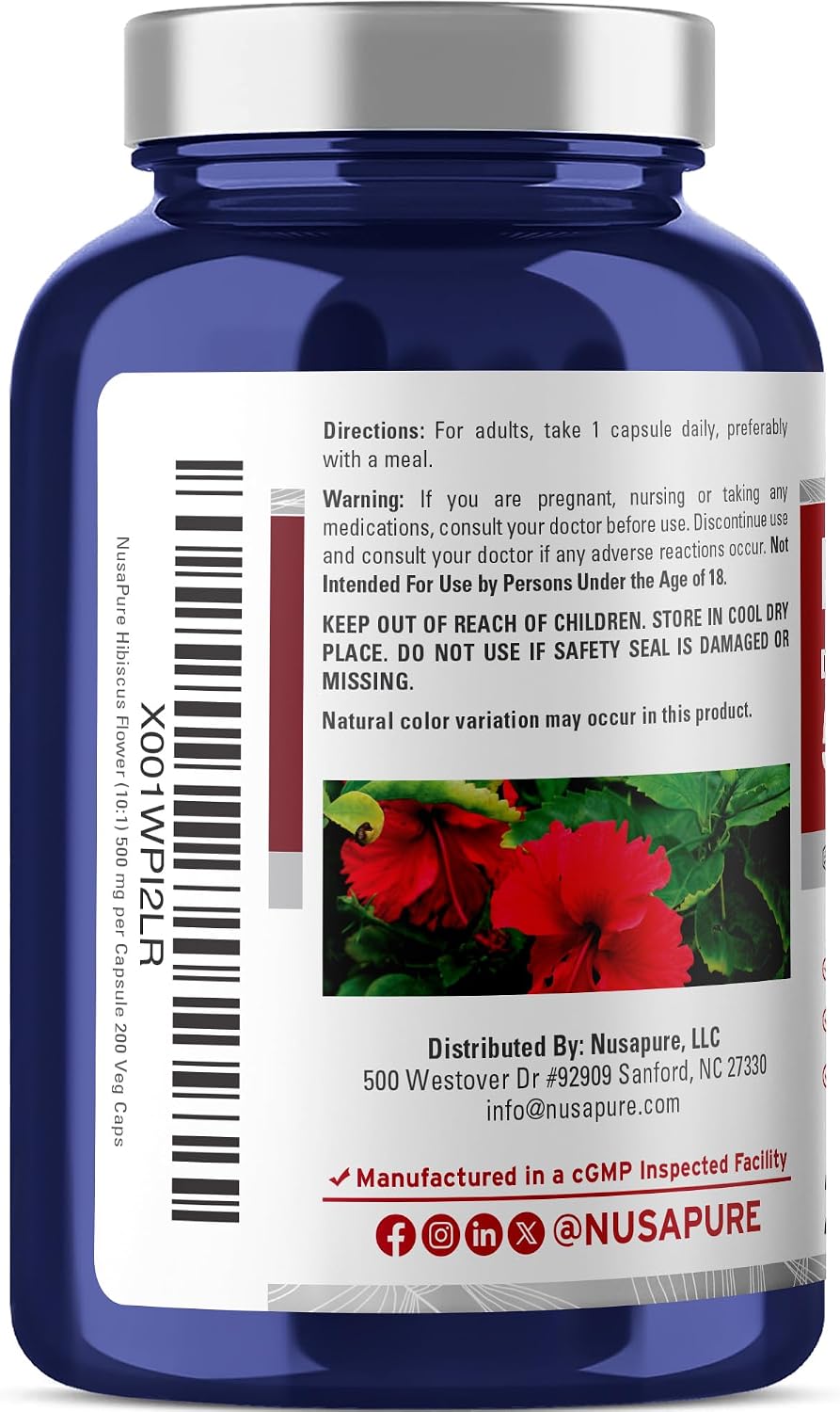 NusaPure Hibiscus Flower Capsules – 500 mg, 200 Veg Capsules (Non-GMO, Vegan) - görsel 2