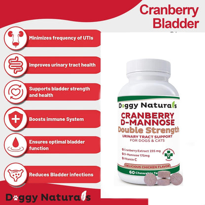 Cranberry D-Mannose for Dogs and Cats – Double Strength Chewable Tablets, 60 Count