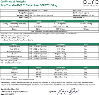Pure Therapro Rx S-Acetyl Glutathione Gold, Extra Strength – 100mg, 120 Capsules