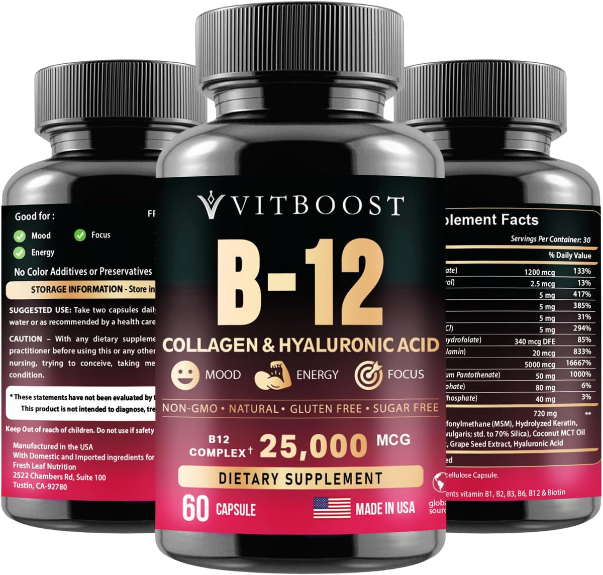 VITBOOST B12 Methylcobalamin Complex with Hyaluronic Acid, Collagen & Folate - 25000 mcg, Pack of 2 - görsel 2