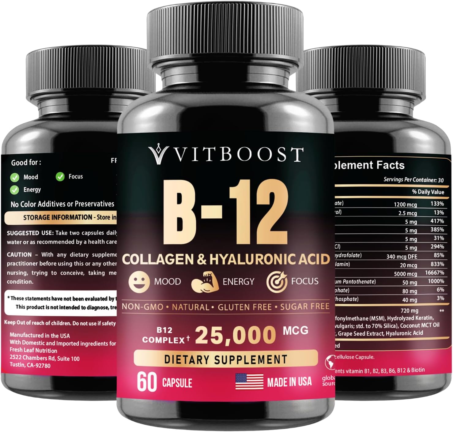 VITBOOST B12 Methylcobalamin Complex with Hyaluronic Acid, Collagen & Folate - 25000 mcg, Pack of 2 - görsel 2