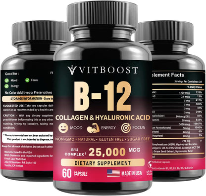 VITBOOST B12 Methylcobalamin Complex with Hyaluronic Acid, Collagen & Folate - 25000 mcg, Pack of 2