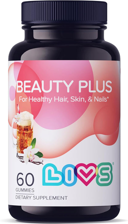 LIVS Beauty Plus Gummy Vitamins - Biotin Gummies for Hair, Skin and Nails | Natural, Gluten-Free, Non-GMO Beauty Supplement with Vitamin A, C, E, B12, D2, Zinc & More - Cream Soda Flavour - 60 Count