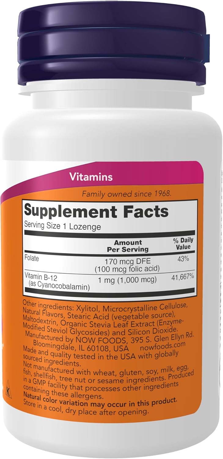 NOW Supplements, Vitamin B-12 1,000 mcg with Folic Acid, 100 Chewable Lozenges - görsel 2
