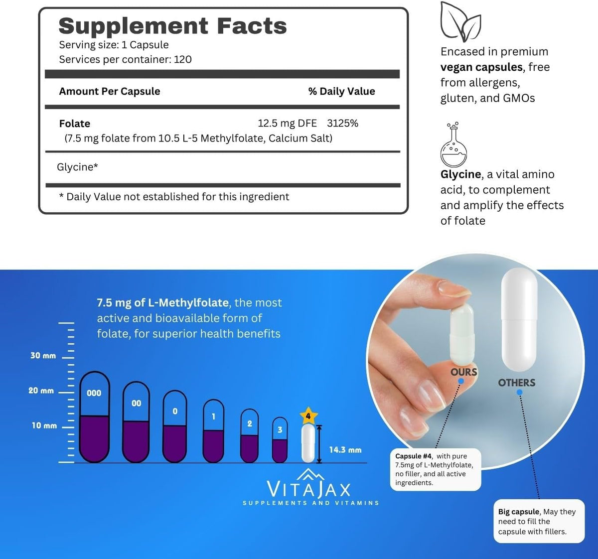 L Methylfolate 7.5 mg | 120 Caps | Max Potency Active Folate | VITAJAX - görsel 3