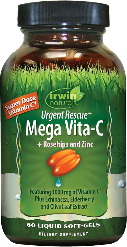 Irwin Naturals Urgent Rescue Mega Vita-C - 1,000 mg of Vitamin C - Immune Support Supplement with Rose Hips and Zinc - 60 Liquid Softgels