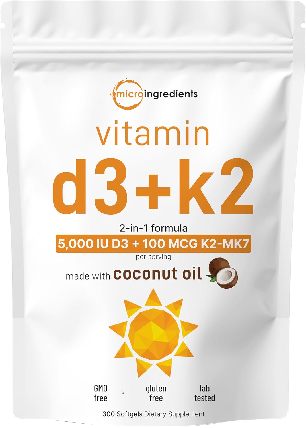 Micro Ingredients Vitamin D3 5,000 IU + K2 MK-7 100 mcg, 300 Softgels | Virgin Coconut Oil | 2-in-1 Support | Easy to Swallow, Non-GMO - görsel 1