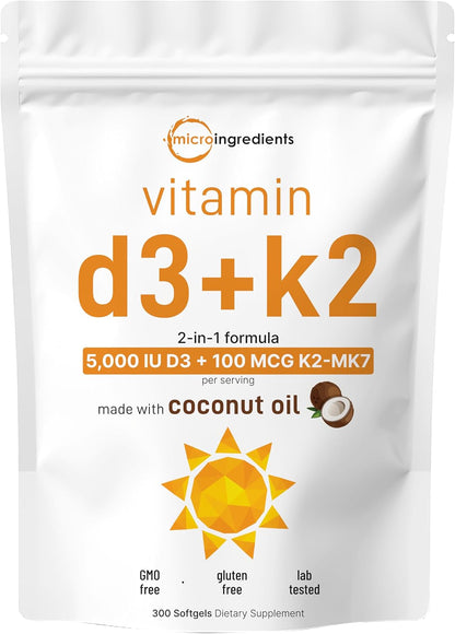Micro Ingredients Vitamin D3 5,000 IU + K2 MK-7 100 mcg, 300 Softgels | Virgin Coconut Oil | 2-in-1 Support | Easy to Swallow, Non-GMO