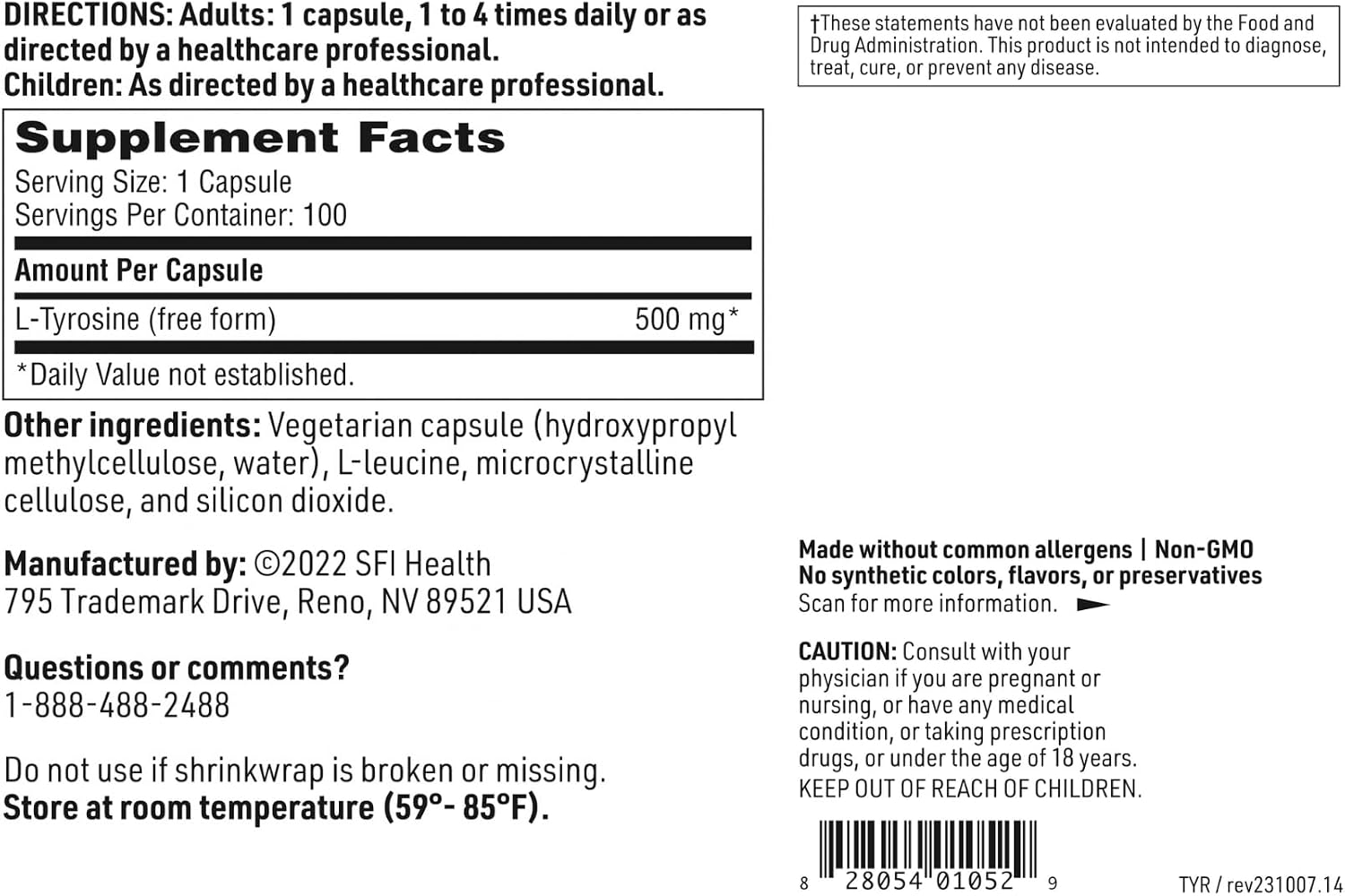 Klaire Labs SFI Health L-Tyrosine – 500 mg Hypoallergenic Free Form Amino Acid (100 Capsules) - görsel 6