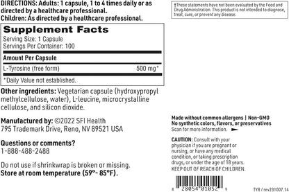 Klaire Labs SFI Health L-Tyrosine – 500 mg Hypoallergenic Free Form Amino Acid (100 Capsules)