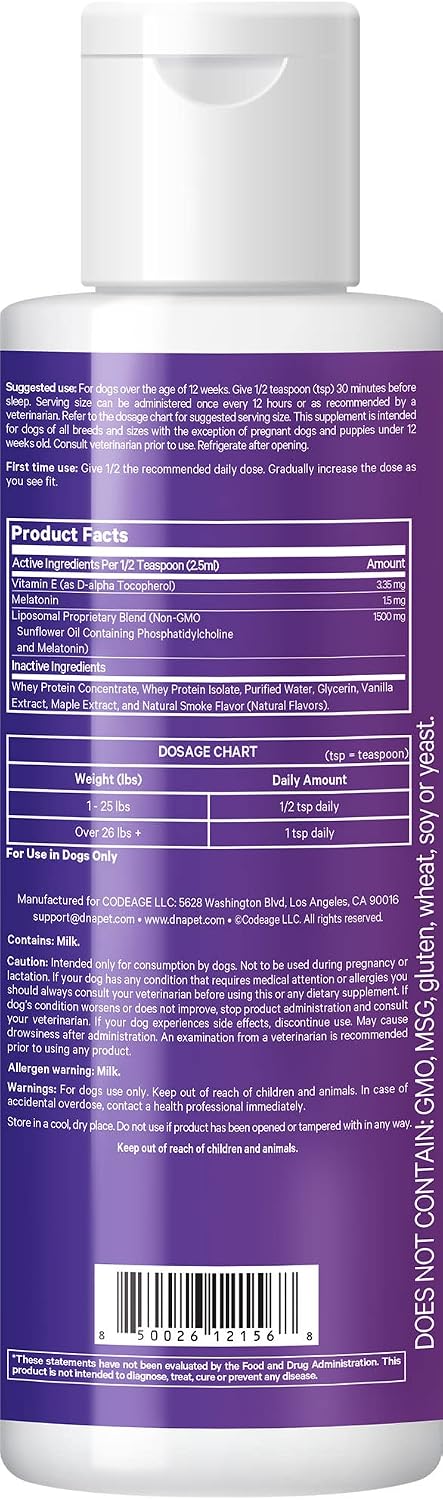 DNA PET Happy Sleep Melatonin Liquid Drops, Vitamin E Calm Formula, Whey Protein Canine Care Supplement, Phospholipid Complex & Phosphatidylcholine, Smoked Bacon Flavour, Sugar-Free, Non-GMO, 225 ml - görsel 4