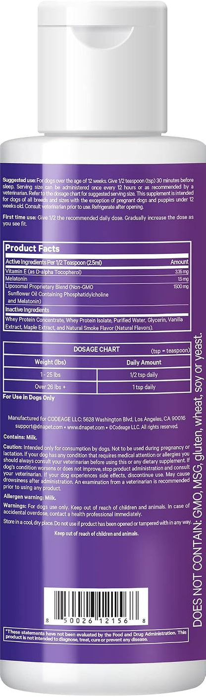 DNA PET Happy Sleep Melatonin Liquid Drops, Vitamin E Calm Formula, Whey Protein Canine Care Supplement, Phospholipid Complex & Phosphatidylcholine, Smoked Bacon Flavour, Sugar-Free, Non-GMO, 225 ml