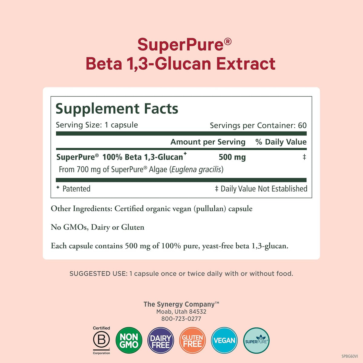 PURE SYNERGY SuperPure Beta 1,3-Glucan Extract | 500 mg | Yeast-Free, Non-GMO | 60 Capsules - görsel 2