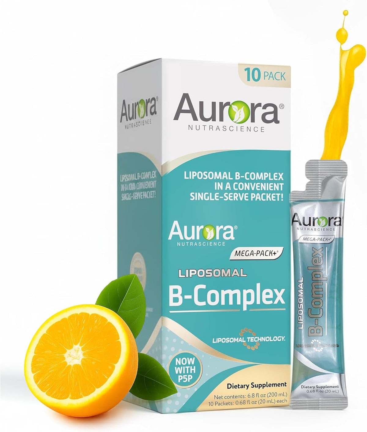 Aurora Nutrascience Mega-Liposomal B-Complex + Vitamin C – Orange, 10 Single Serve Packets - görsel 1