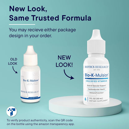 BIOTICS RESEARCH Bio K Mulsion Liquid Vitamin K Drops - 500 mcg per Serving - Vitamin K1 (Phytomenadione) for Adults - Supports Normal Bones & Blood Clotting - 30 ml