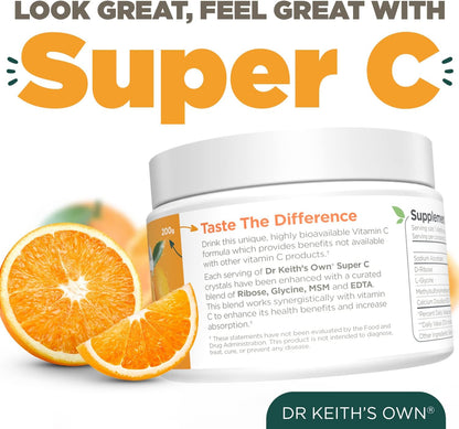 Dr. Keith's Own Super C - High-dose Powdered Vitamin C 4000mg with D-Ribose, Glycine, MSM - Unflavoured, 200 Grammes (30 Servings)