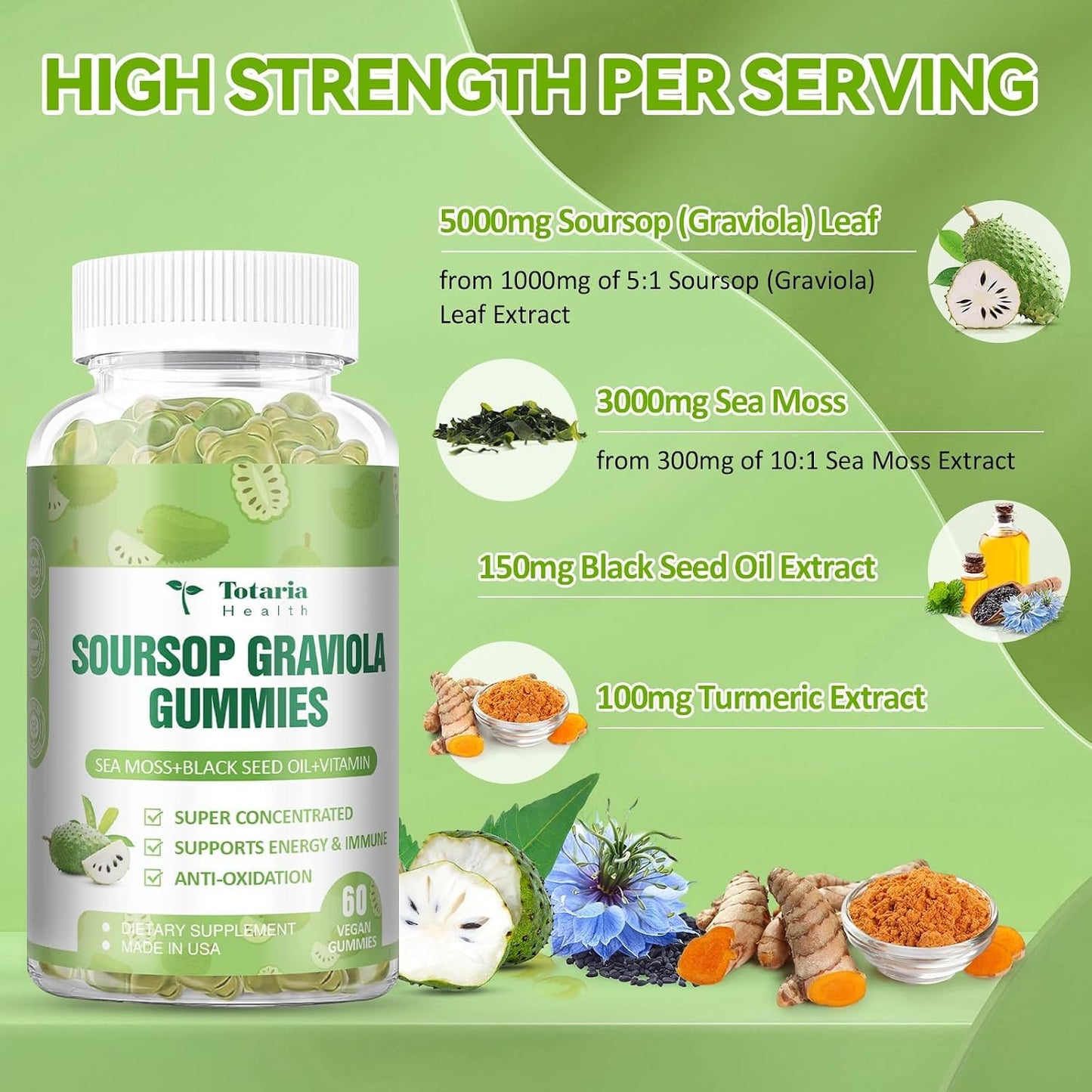 Totaria Sugar Free Soursop Oil Graviola Sea Moss Gummies - Supports Digestive, Sleep, Skin Health, Immunity & Antioxidant - Guanabana Fruit with Sea Moss, 150mg Black Seed Oil Organic Non-GM Vegan - görsel 2