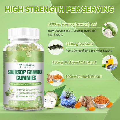 Totaria Sugar Free Soursop Oil Graviola Sea Moss Gummies - Supports Digestive, Sleep, Skin Health, Immunity & Antioxidant - Guanabana Fruit with Sea Moss, 150mg Black Seed Oil Organic Non-GM Vegan