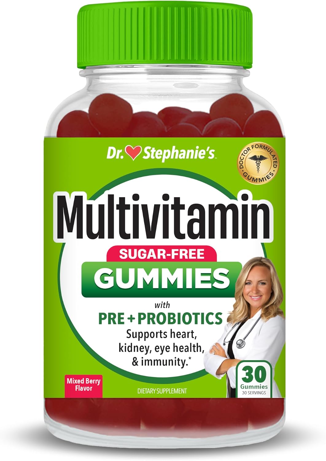 Dr. Stephanie's Multivitamin Gummies - Sugar-Free with Prebiotics and Probiotics - Daily Support for Eyes, Kidneys, Liver, Heart, and Digestive Health - Mixed Berry Flavour - görsel 1