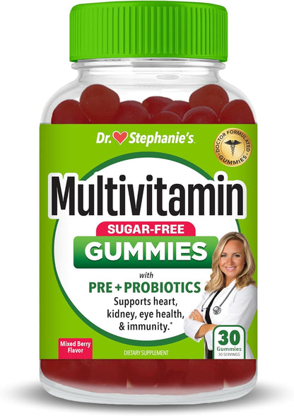Dr. Stephanie's Multivitamin Gummies - Sugar-Free with Prebiotics and Probiotics - Daily Support for Eyes, Kidneys, Liver, Heart, and Digestive Health - Mixed Berry Flavour