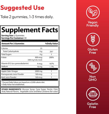 Justified Laboratories Vital Grow XL Gummies Extreme (2000 mg) - 60 Count - Formulated with Apple Cider Vinegar, Folate & Vitamin B12 - Non-GMO, Vegan, Gluten-free - 30 Servings