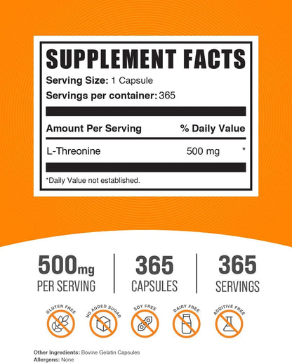 BulkSupplements.com L-Threonine Capsules – 500 mg, 365 Capsules (Pack of 1)