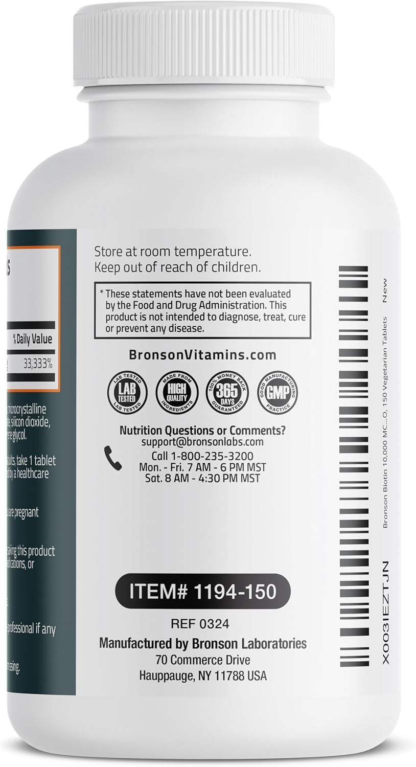 Bronson Biotin 10,000mcg – Supports Healthy Hair, Skin and Nails, Vegetarian, Non-GMO, 150 Tablets - görsel 7