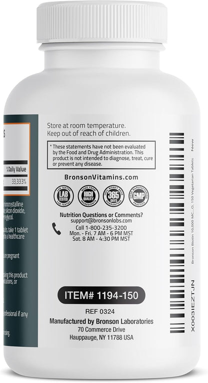 Bronson Biotin 10,000mcg – Supports Healthy Hair, Skin and Nails, Vegetarian, Non-GMO, 150 Tablets