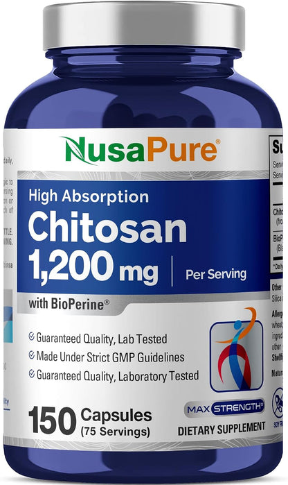 NusaPure Chitosan 1200mg with Bioperine – 150 Capsules (Non-GM & Soya-Free)