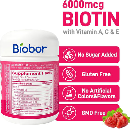 Biobor Natural 6000mcg Biotin Gummies - No Added Sugar, Hair Skin and Nails Support with Vitamins A, C, E (Strawberry, 60 Count)