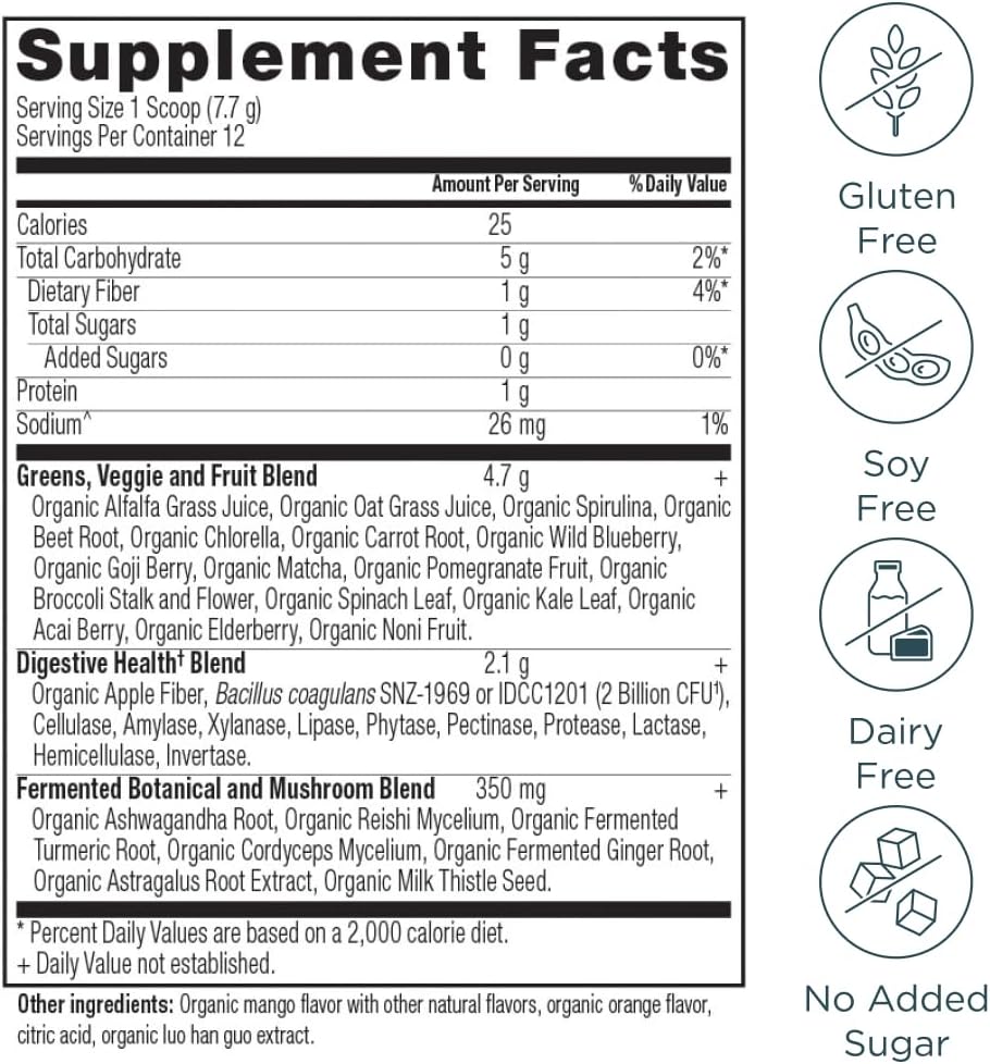Ancient Nutrition SuperGreens Powder - Organic Mango Flavour, 12 Servings - görsel 3