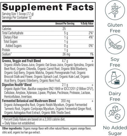 Ancient Nutrition SuperGreens Powder - Organic Mango Flavour, 12 Servings