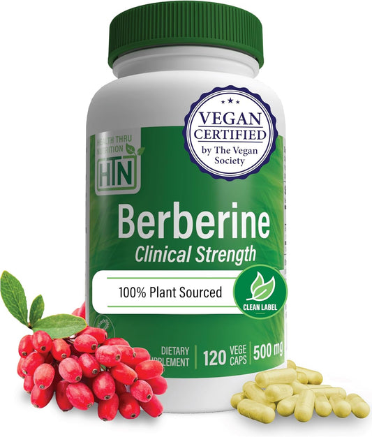 Health Thru Nutrition Berberine HCl 500mg - 120 Capsules, Clinical Strength, Vegan, Non-GM