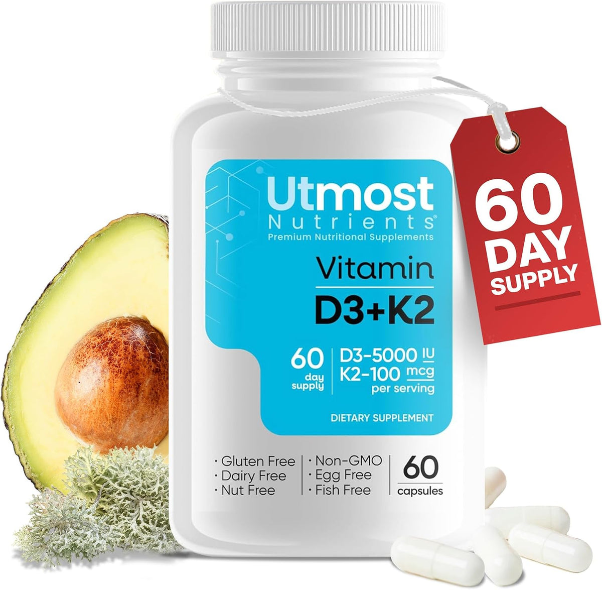 Utmost Nutrients Vitamin D3 5000 IU with K2 100 mcg – High-Absorption Capsule - görsel 1